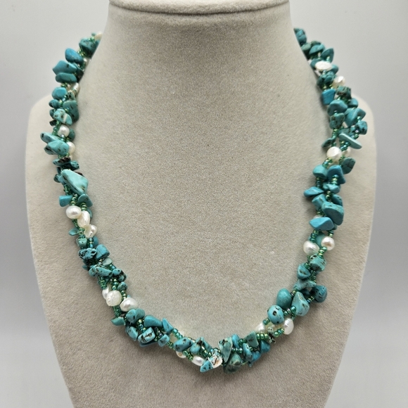 VINTAGE Turquoise and Pearl Braided Three Strand Necklace - Picture 1 of 6